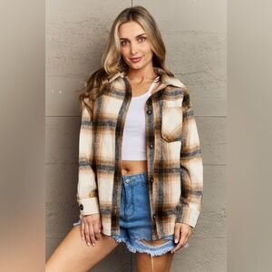 Zenana By The Fireplace Oversized Plaid Shacket in Camel
